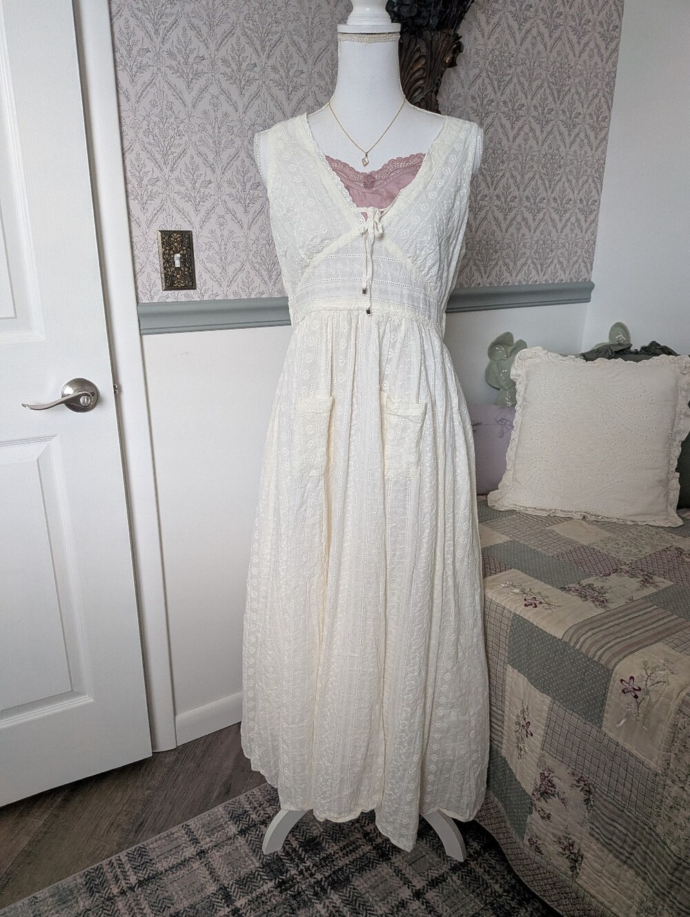 In Loom Embroidered Cotton Maxi Dress Ivory Cottagecore M